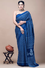 Load image into Gallery viewer, Mulmul Cotton Handblock Printed Saree : Persian Blue
