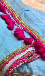 Load image into Gallery viewer, Mulmul Cotton x PomPom Saree : Pastel Blue x Hot Pink
