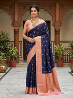 Load image into Gallery viewer, Kanchipuram Semi Silk Saree - Midnight Blue x Pastel Pink
