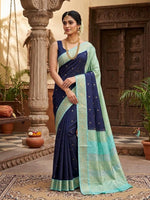 Load image into Gallery viewer, Kanchipuram Semi Silk Saree - Dark Blue x Baby Blue

