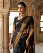 Load image into Gallery viewer, Minimalist Semi Silk Saree x Gold Zari - Black
