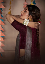 Load image into Gallery viewer, Banarasi x Georgette Saree - Burgundy x Silver
