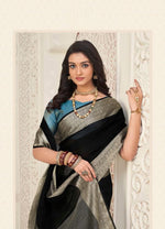 Load image into Gallery viewer, Organza silk saree x light gold zari - Black x Stone Blue

