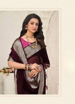 Load image into Gallery viewer, Organza silk saree x light gold zari - Wine x Magenta
