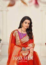 Load image into Gallery viewer, Organza silk saree x light gold zari - Orange x Purple
