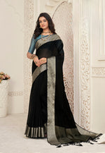 Load image into Gallery viewer, Organza silk saree x light gold zari - Black x Stone Blue
