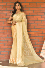Load image into Gallery viewer, Organza silk pastel saree x sequins - Cream Gold
