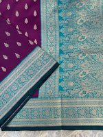 Load image into Gallery viewer, Lichi Silk Saree x Contrast Border : Dark Purple x Teal Green
