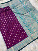Load image into Gallery viewer, Lichi Silk Saree x Contrast Border : Dark Purple x Teal Green

