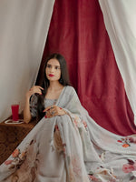Load image into Gallery viewer, Floral x Georgette Saree - Light Grey

