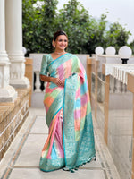 Load image into Gallery viewer, Banarasi Semi Silk Saree - Multicolour x Turquoise

