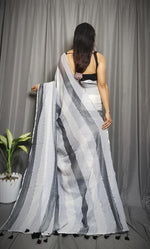 Load image into Gallery viewer, Soft Cotton Saree x Striped Layers : Smokey Grace
