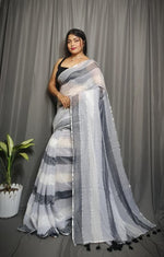 Load image into Gallery viewer, Soft Cotton Saree x Striped Layers : Smokey Grace
