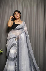 Load image into Gallery viewer, Soft Cotton Saree x Striped Layers : Smokey Grace
