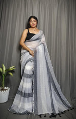 Load image into Gallery viewer, Soft Cotton Saree x Striped Layers : Smokey Grace
