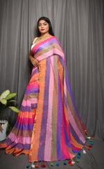 Load image into Gallery viewer, Soft Cotton Saree x Striped Layers : Sunset Bliss
