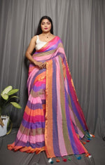 Load image into Gallery viewer, Soft Cotton Saree x Striped Layers : Sunset Bliss
