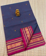 Load image into Gallery viewer, Kanchi Cotton Saree x Thin Border : Steel Blue [Pink Undertone] x Hot Pink
