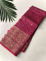Load image into Gallery viewer, Semi Silk Saree x Checkered x Floral Motifs  - Wine
