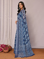 Load image into Gallery viewer, Block Print x Linen Saree : Dark Blue x Blue Floral

