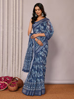 Load image into Gallery viewer, Block Print x Linen Saree : Dark Blue x Blue Floral
