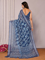 Load image into Gallery viewer, Block Print x Linen Saree : Dark Blue x Blue Floral

