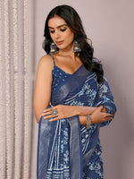 Load image into Gallery viewer, Block Print x Linen Saree : Dark Blue x Blue Floral
