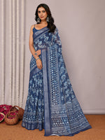 Load image into Gallery viewer, Block Print x Linen Saree : Dark Blue x Blue Floral
