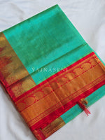 Load image into Gallery viewer, Handloom Kanchipuram Silk Cotton Saree x Korvai Border : Aqua Green [Dual Tone] x Red
