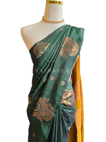 Load image into Gallery viewer, Semi Kanchi Silk x Borderless Saree - Dark Green x Golden Brown
