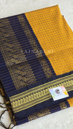 Load image into Gallery viewer, Kalyani Cotton Saree (checkered) - Gold Zari : Mustard x Dark Blue
