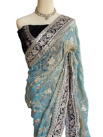 Load image into Gallery viewer, Georgettte Satin x Embroidered Saree - Metallic Blue
