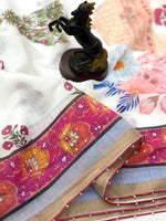 Load image into Gallery viewer, Printed Linen Cotton Saree x Beads x Sequins  - White x Multicolour
