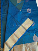 Load image into Gallery viewer, Semi Kanchi Silk x Gold Zari Saree - Blue (Green Undertone)
