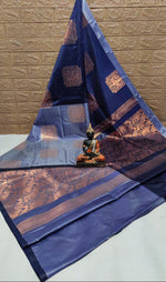 Load image into Gallery viewer, Semi Kanchi Silk x Borderless Saree - Dark Blue x Ash Blue
