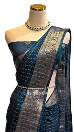 Load image into Gallery viewer, Georgette x Checkered Saree - Teal Blue
