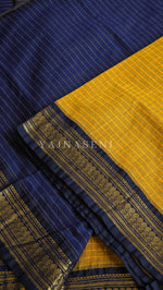 Load image into Gallery viewer, Kalyani Cotton Saree (checkered) - Gold Zari : Mustard x Dark Blue
