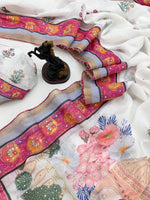Load image into Gallery viewer, Printed Linen Cotton Saree x Beads x Sequins  - White x Multicolour
