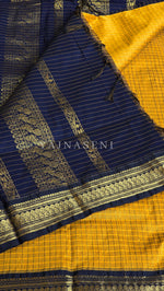 Load image into Gallery viewer, Kalyani Cotton Saree (checkered) - Gold Zari : Mustard x Dark Blue
