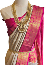 Load image into Gallery viewer, SNOW ROSE - Pure Kanjivaram Silk Saree with Gold Zari
