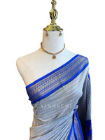 Load image into Gallery viewer, Kalyani Cotton Saree (checkered) - Gold Zari : Grey x Blue
