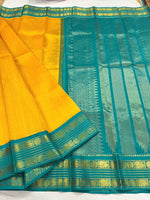 Load image into Gallery viewer, Checkered x Handloom Kanchipuram Silk Cotton Saree : Mango x Turquoise Green
