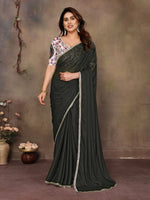 Load image into Gallery viewer, Chiffon Saree x Mirrors x Lace : Army Green

