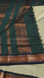 Load image into Gallery viewer, Kalyani Cotton Saree (checkered) - Copper Zari : Light Sage x Dark Green
