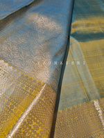 Load image into Gallery viewer, Cerulean x Mustard- Pure Kanjivaram Silk Saree with White Gold Zari

