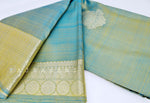 Load image into Gallery viewer, Cerulean x Mustard- Pure Kanjivaram Silk Saree with White Gold Zari
