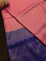 Load image into Gallery viewer, Banarasi Soft Silk Copper Zari Saree - Coral Pink x Navy
