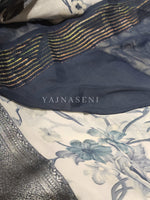 Load image into Gallery viewer, Floral x Chiffon Saree : White x Blue
