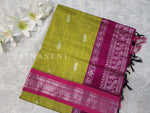 Load image into Gallery viewer, Kalyani Cotton Saree - Silver Zari : Light Olive x Berry x Pink

