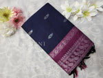 Load image into Gallery viewer, Kalyani Cotton Saree - Silver Zari : Midnight Blue x Plum x Pink
